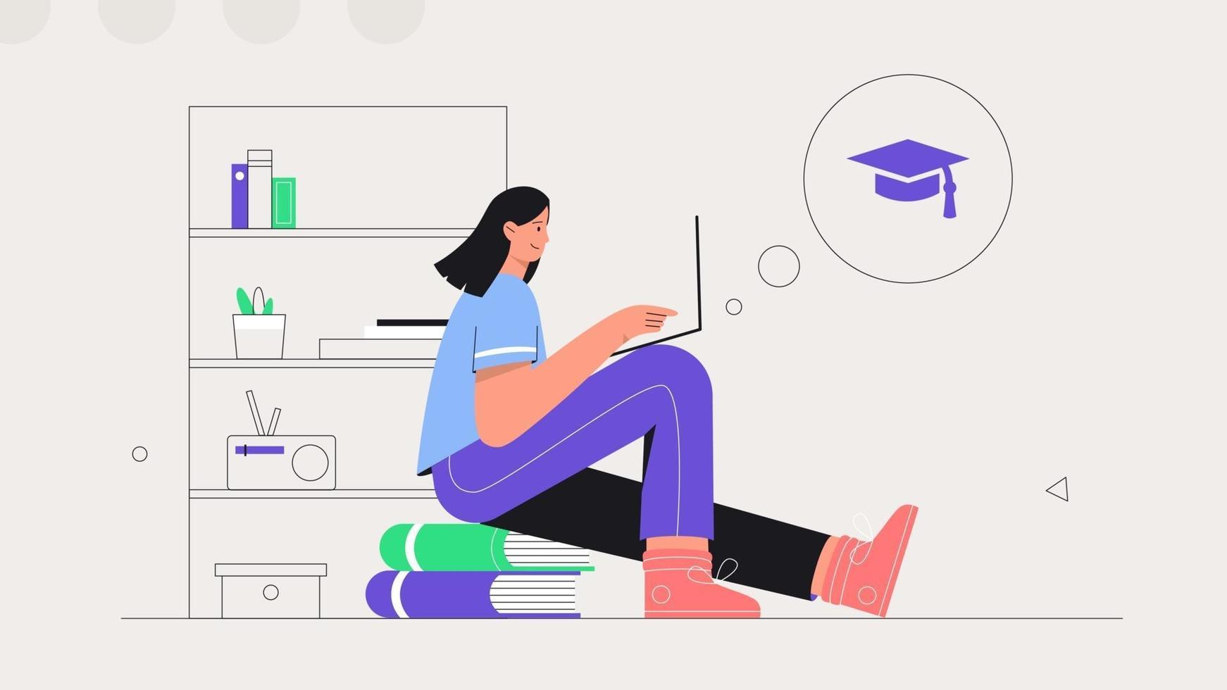 Student learning online at Home. Young woman sits on a stack of books and studies online on a laptop. Flat style vector illustration. The concept of distance learning.