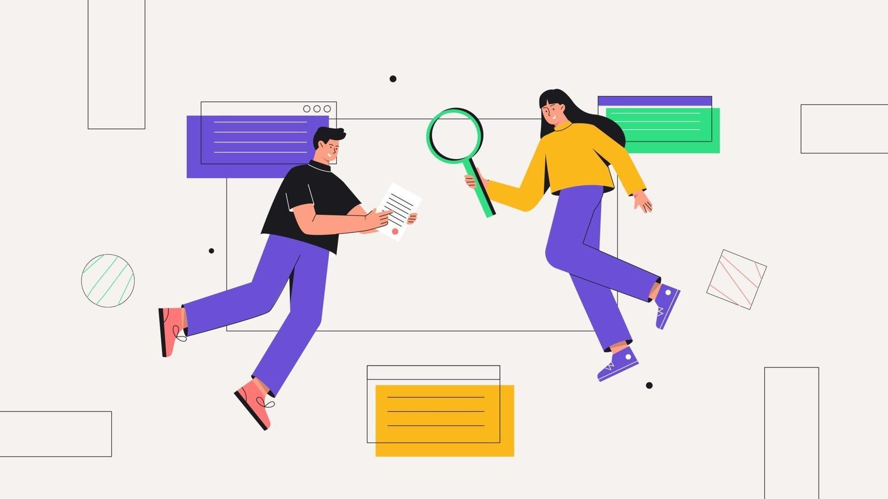 The concept of team work, business, partnership, cooperation. Male and female character working on website or application, ui ux design and programming, research and prototyping. vector