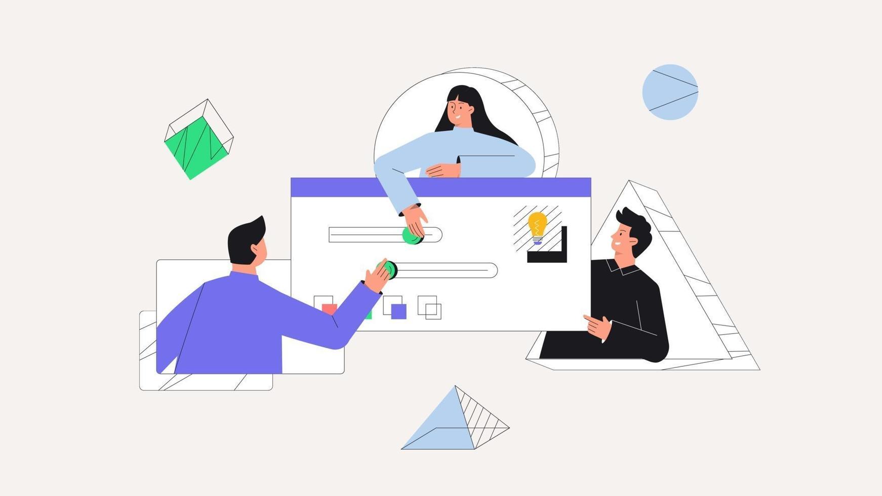 Men and women taking part in business activities, team work. UI UX design concept of creating an application. Design and development business vector concept. Flat style vector illustration.