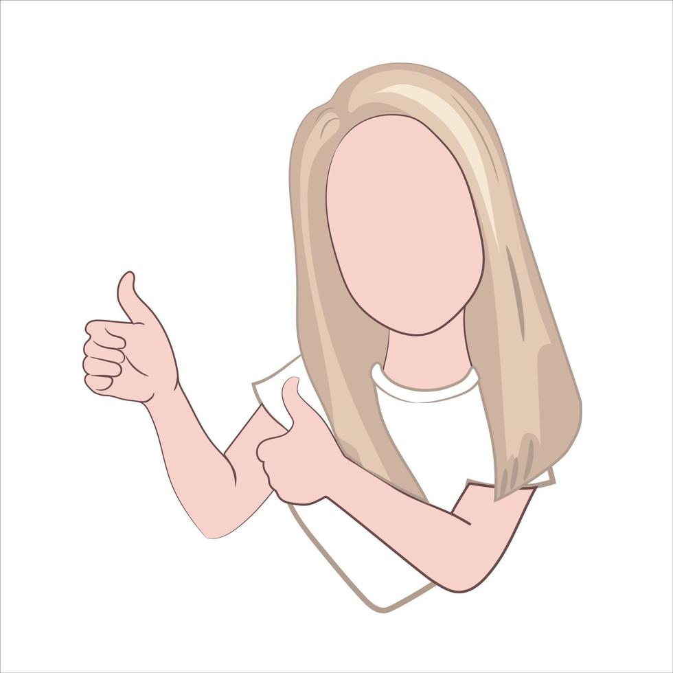 Young girl with thumbs up isolated on white background. Cartoon female character with thumbs up gesture in vector illustration.