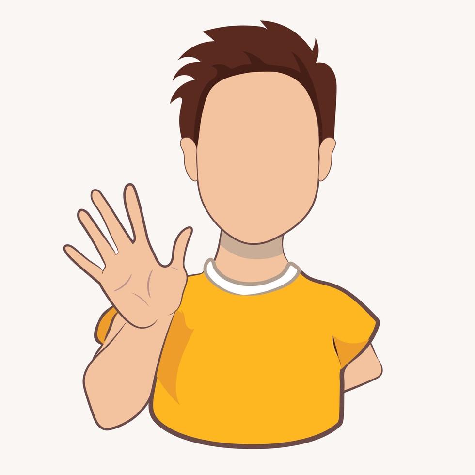 Young man waving hand greeting or saying goodbye isolated on white background. Cartoon male character with welcoming gesture in vector illustration.