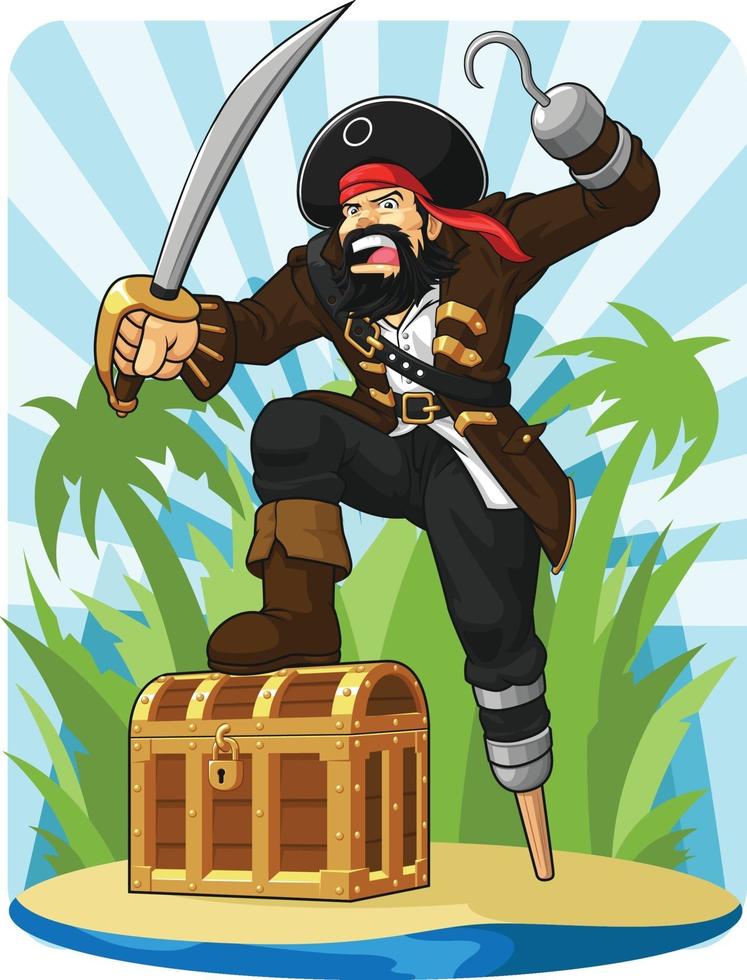 Capitán pirata con su cofre del tesoro dibujo de ilustración de dibujos animados vector