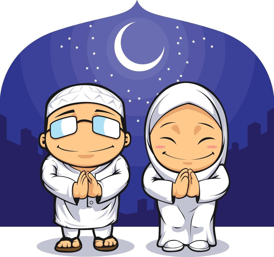 Moslem Man Islamic Woman Greeting Ramadan Middle Eastern Cartoon vector