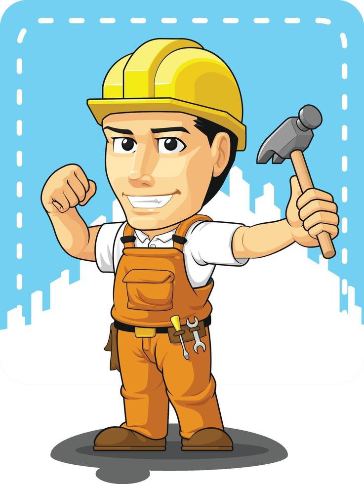 trabajador de la construcción industrial manitas constructor mascota de dibujos animados vector