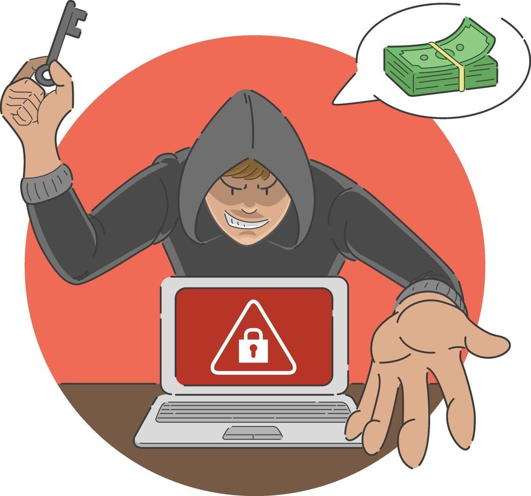 Ransomware Attack Scam Malware on Laptop Computer Cartoon Illustration vector