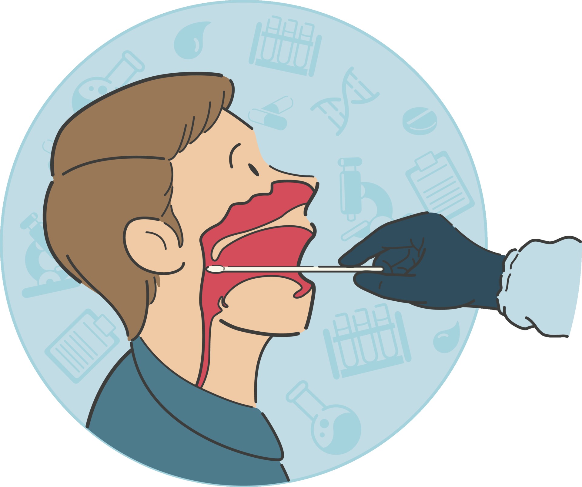 Throat Swab Test Cross Section Side View Anatomy Cartoon Illustration
