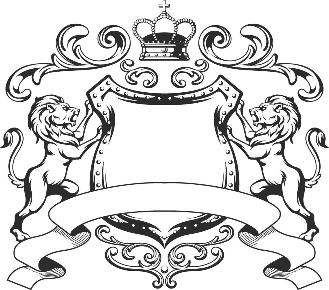 heráldico león escudo cresta realeza escudo de brazo negro silueta vector