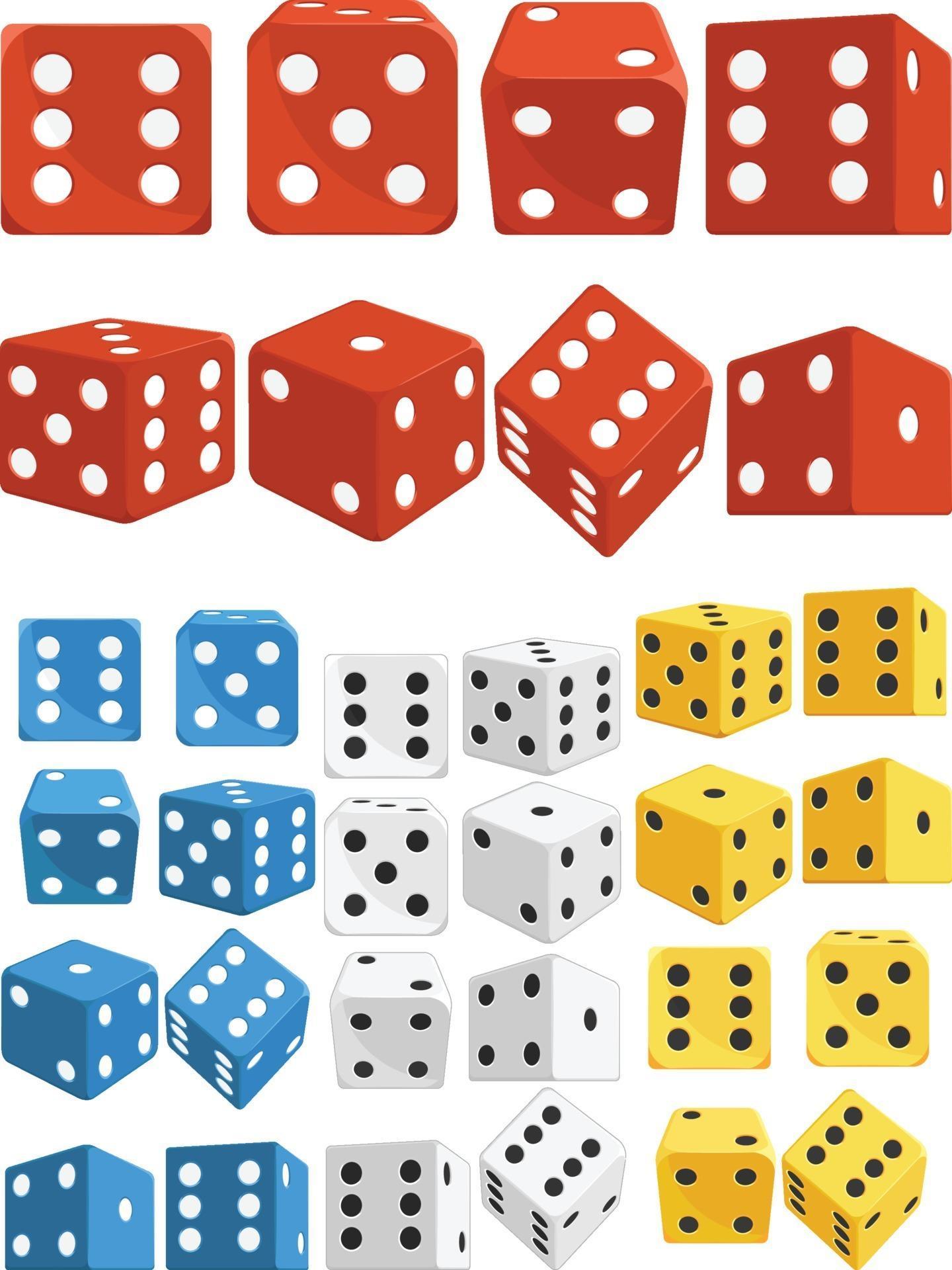 Dice in Several Positions Colors Cartoon Isolated Vector Illustration