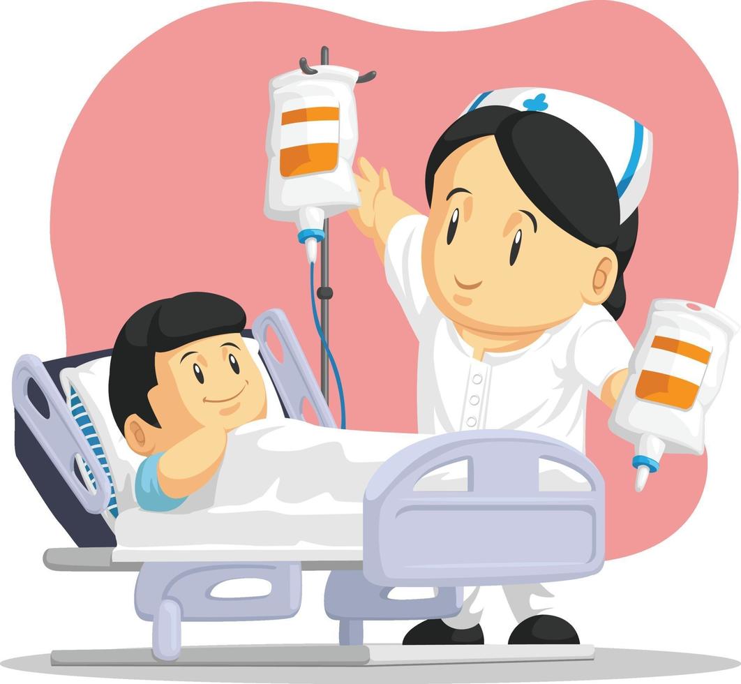 Nurse Helping Sick Child Pediatric Patient Hospital Cartoon. 