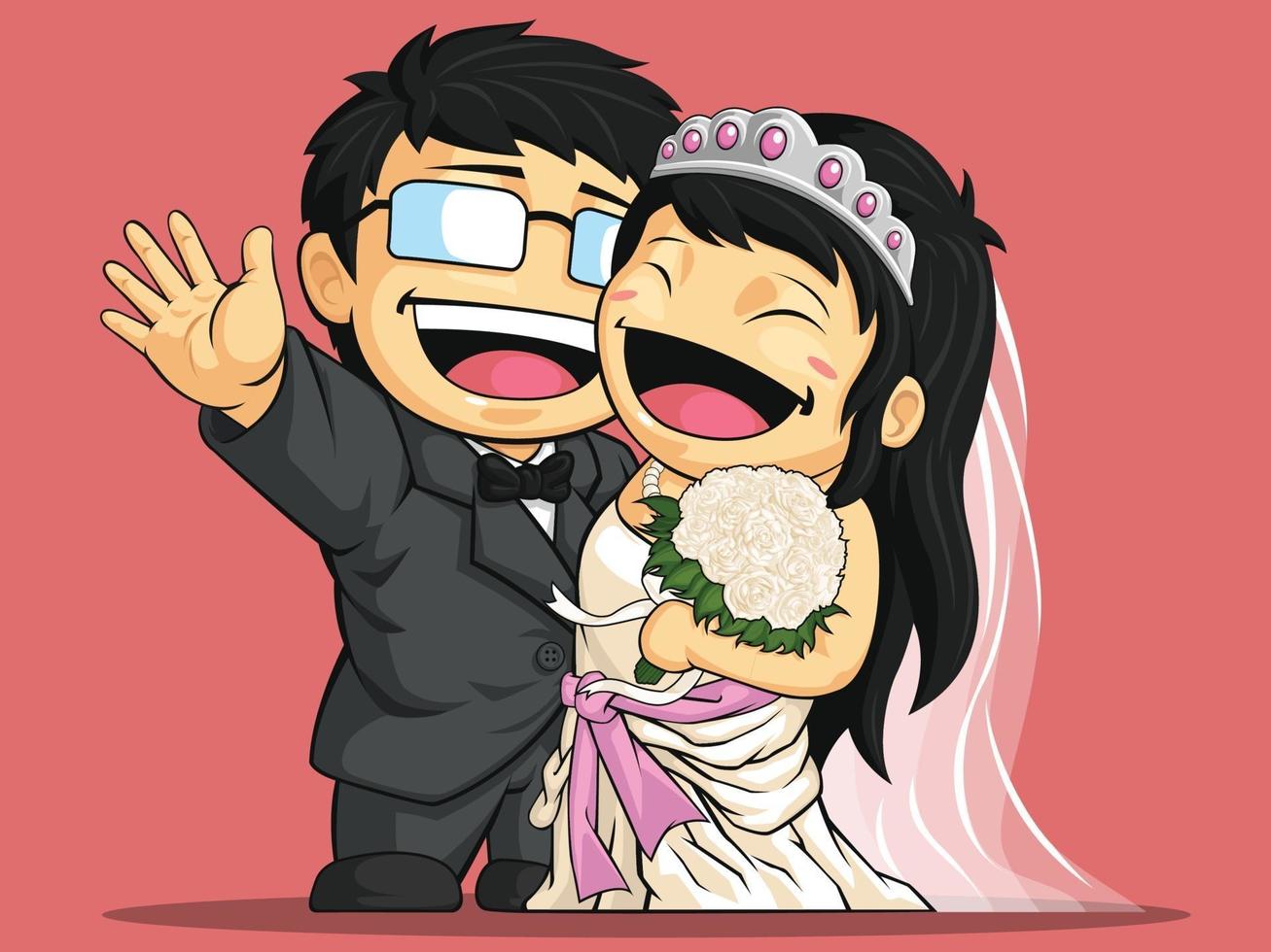 Happy Wedding Bride Groom Couple Engagement Cartoon Illustration vector