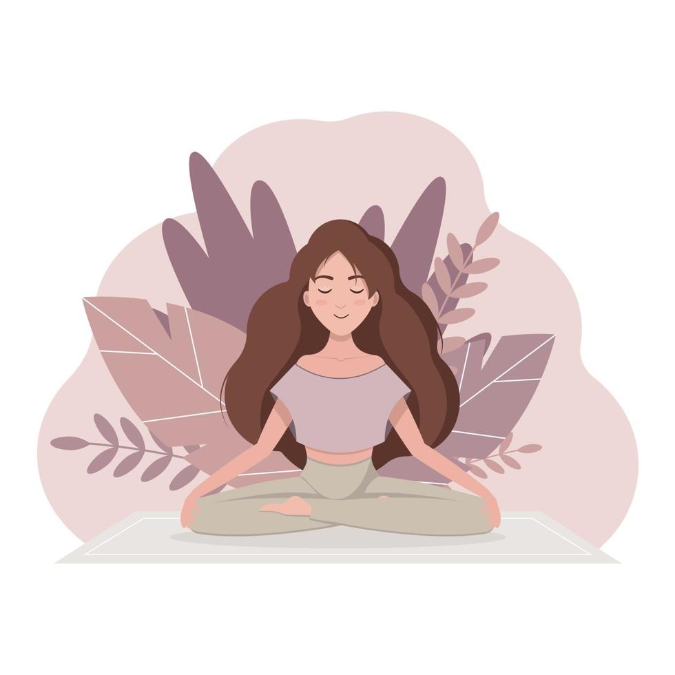 Cartoon flat girl in yoga lotus practices meditation. Practice of yoga. Vector illustration. Young and happy woman meditating