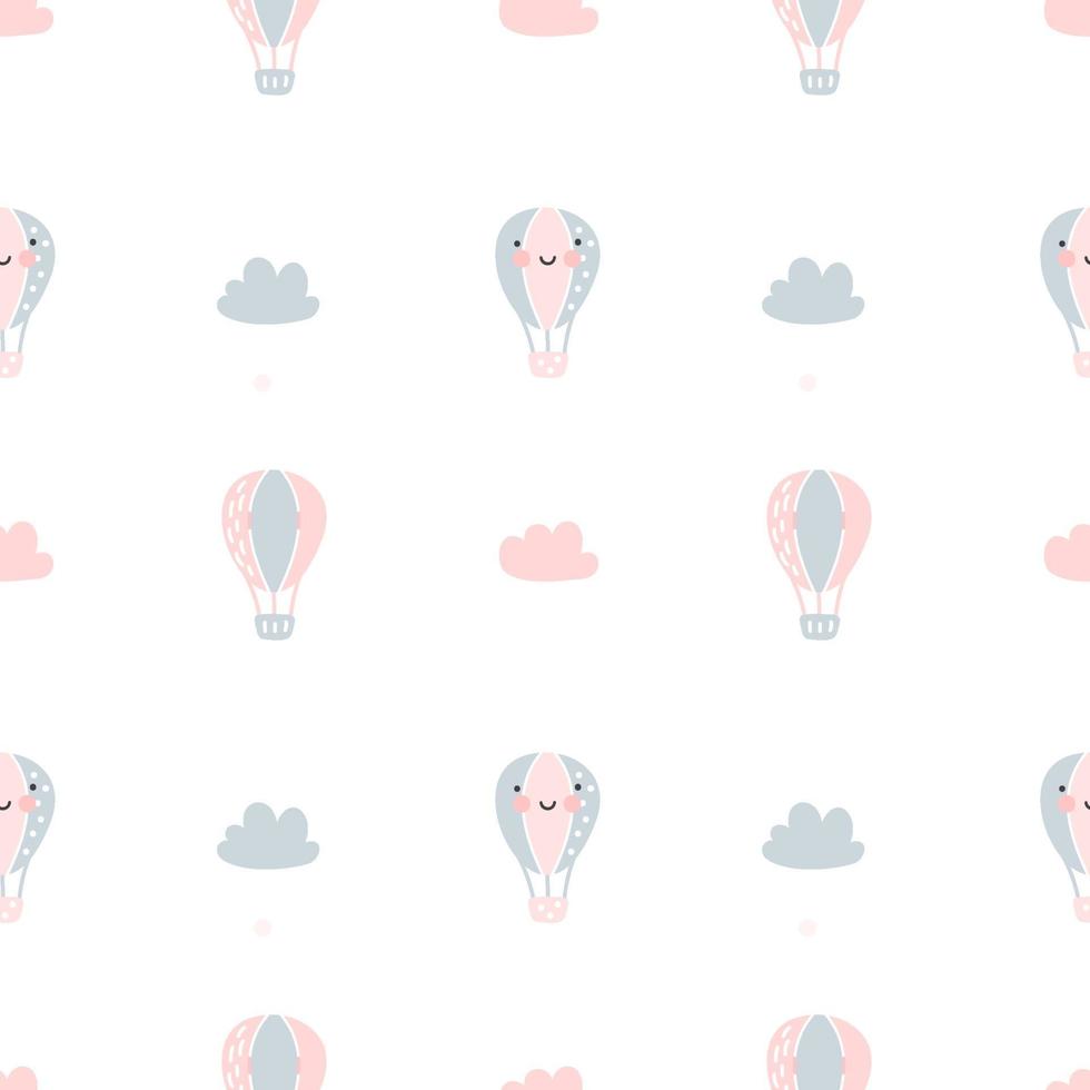 Vector scandinavian baby Seamless pattern of colorful air balloons and clouds isolated on white background. Simple kids illustration texture for nordic wallpaper, fills, web page background