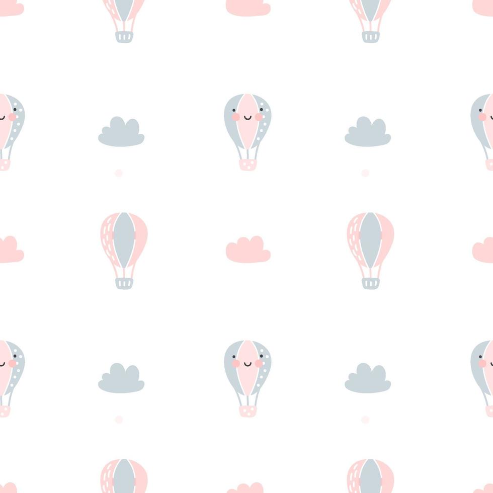 Vector scandinavian baby Seamless pattern of colorful air balloons and clouds isolated on white background. Simple kids illustration texture for nordic wallpaper, fills, web page background