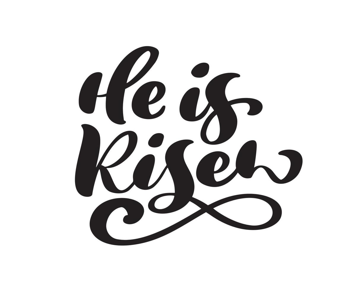 Hand drawn He is Risen Easter Calligraphy lettering Vector text. Christ illustration Greeting Card. Typographical phrase Handmade quote on isolated white background