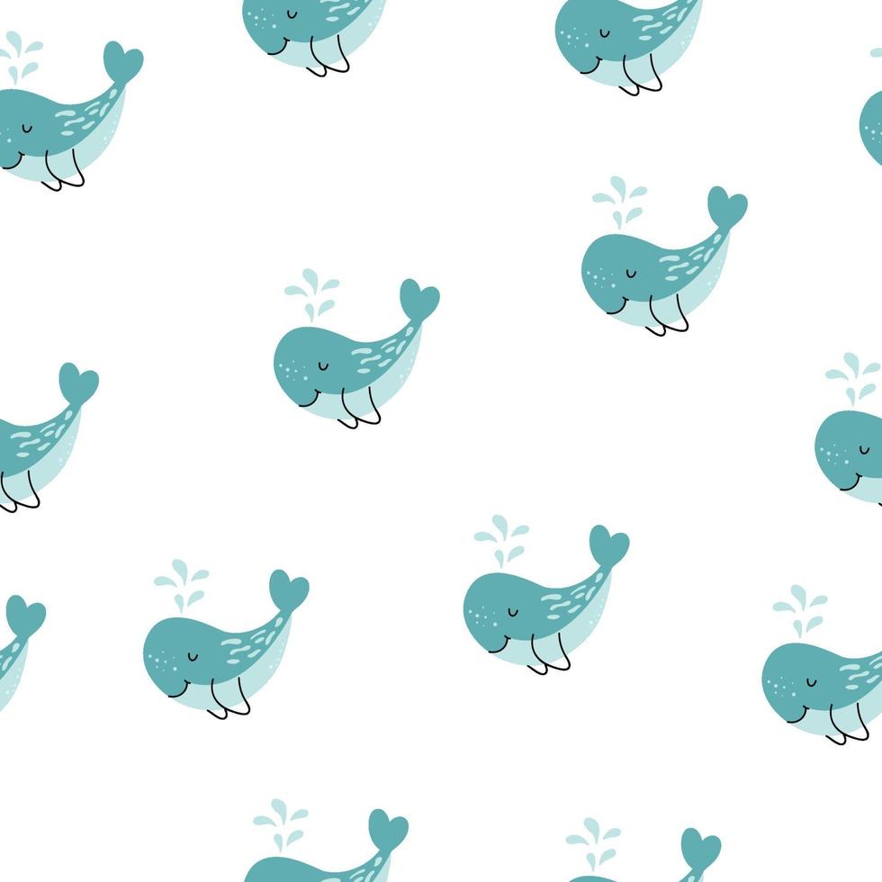 lindo fondo con ballenas azules de dibujos animados. diseño de baby shower. El patrón sin costuras se puede utilizar para fondos de pantalla, rellenos de patrones para niños, texturas superficiales vector