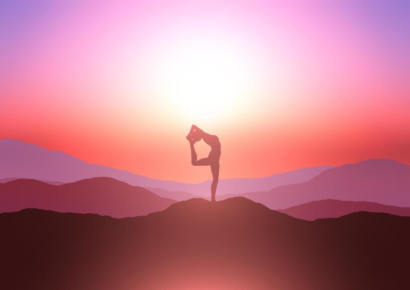 Silhouette of a female in a yoga pose on a hill against a sunset sky vector