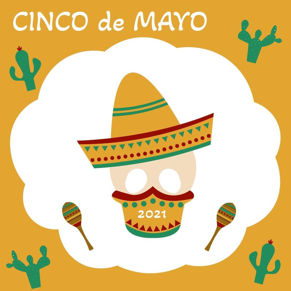 cinco de mayo calavera con sombrero y máscara de protección contra coronavirus vector