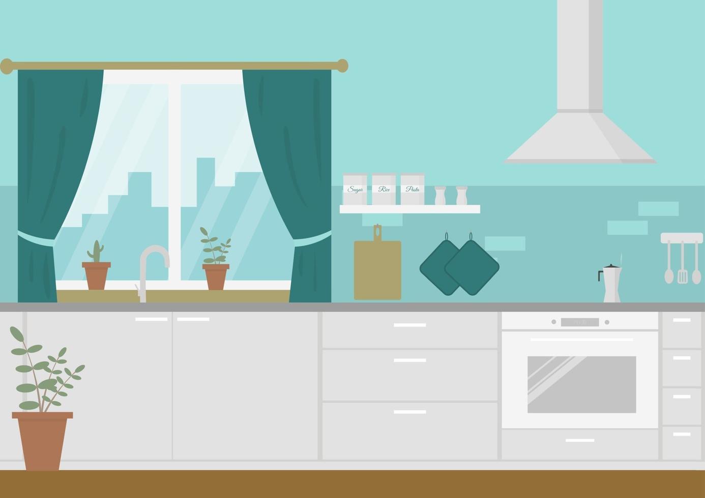 interior moderno y acogedor de la cocina, estilo plano, plantilla de diseño gráfico vectorial vector