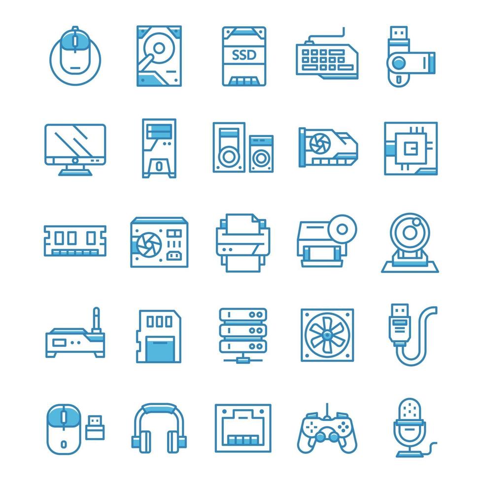 Set of Computer and Hardware icons with blue style. vector