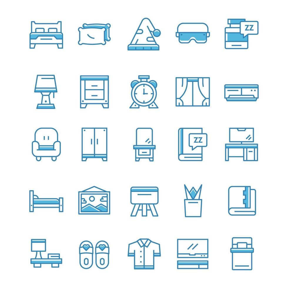 Set of Bedroom icons with blue style. vector