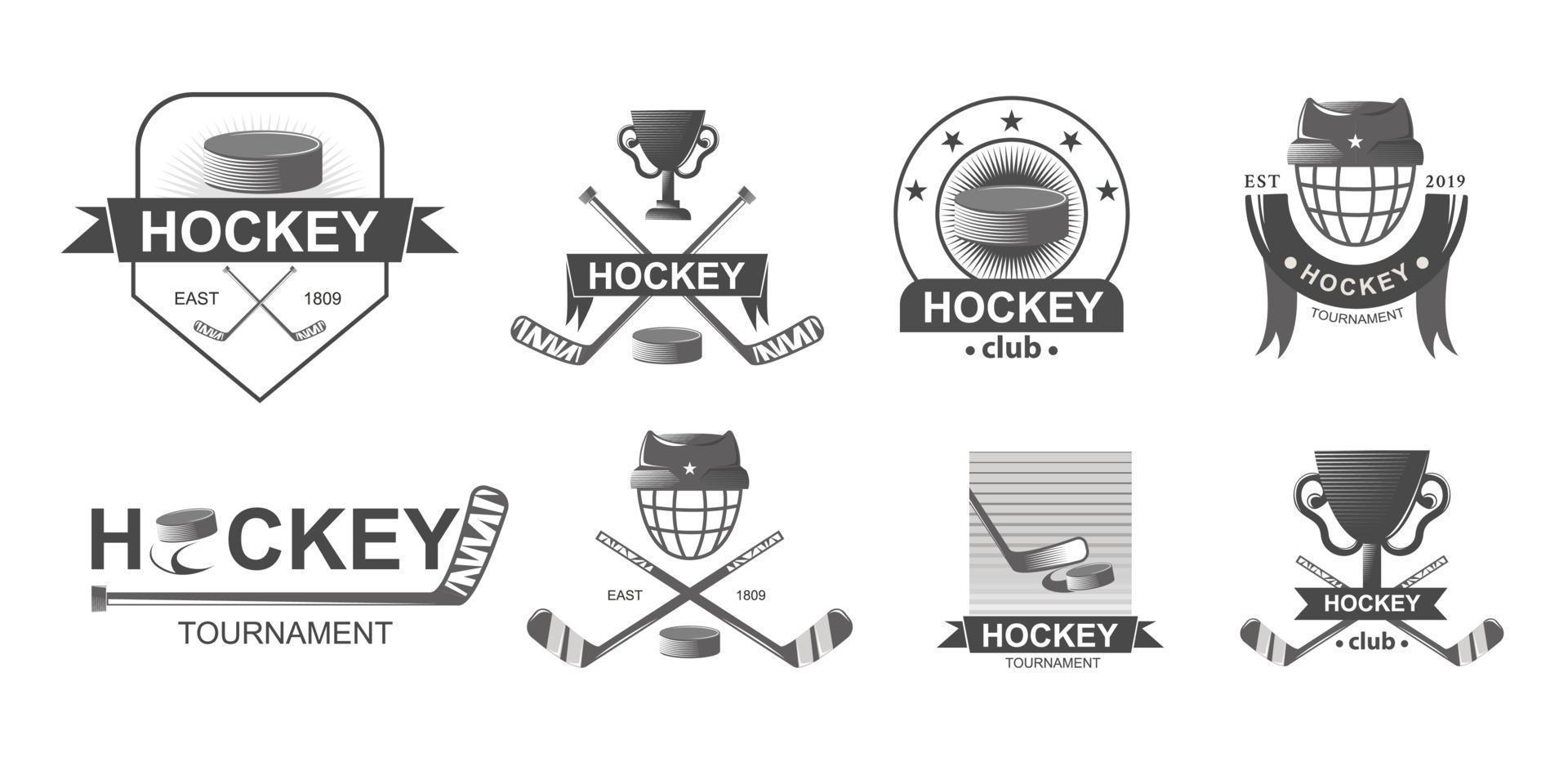 Hockey championship big set logos in monochrome style. Sport emblem competition. vector