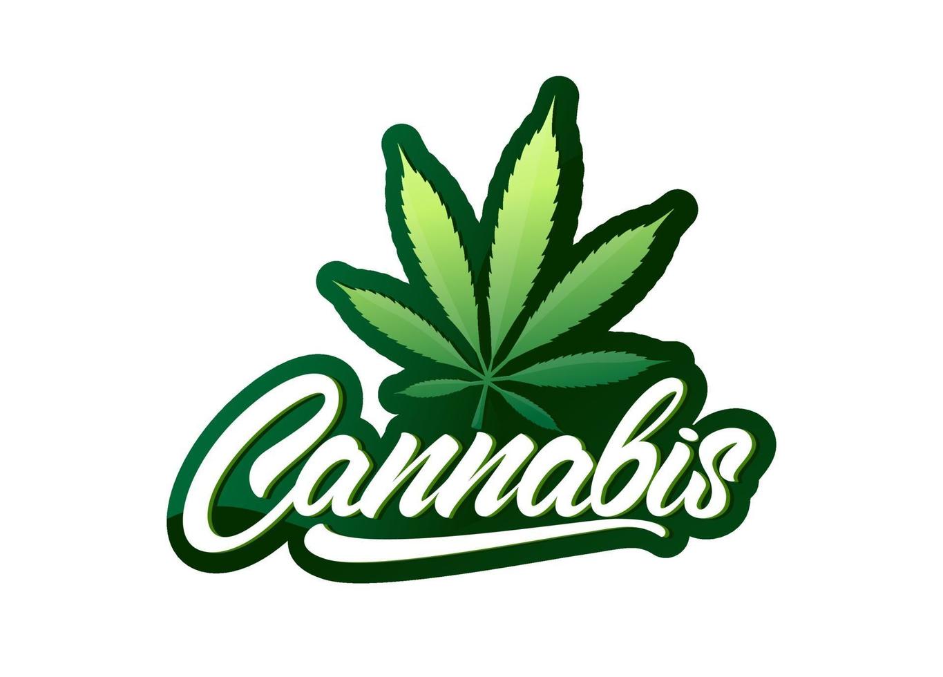 Cannabis in lettering style with leaf and gradient logo. Vector colourful emblem