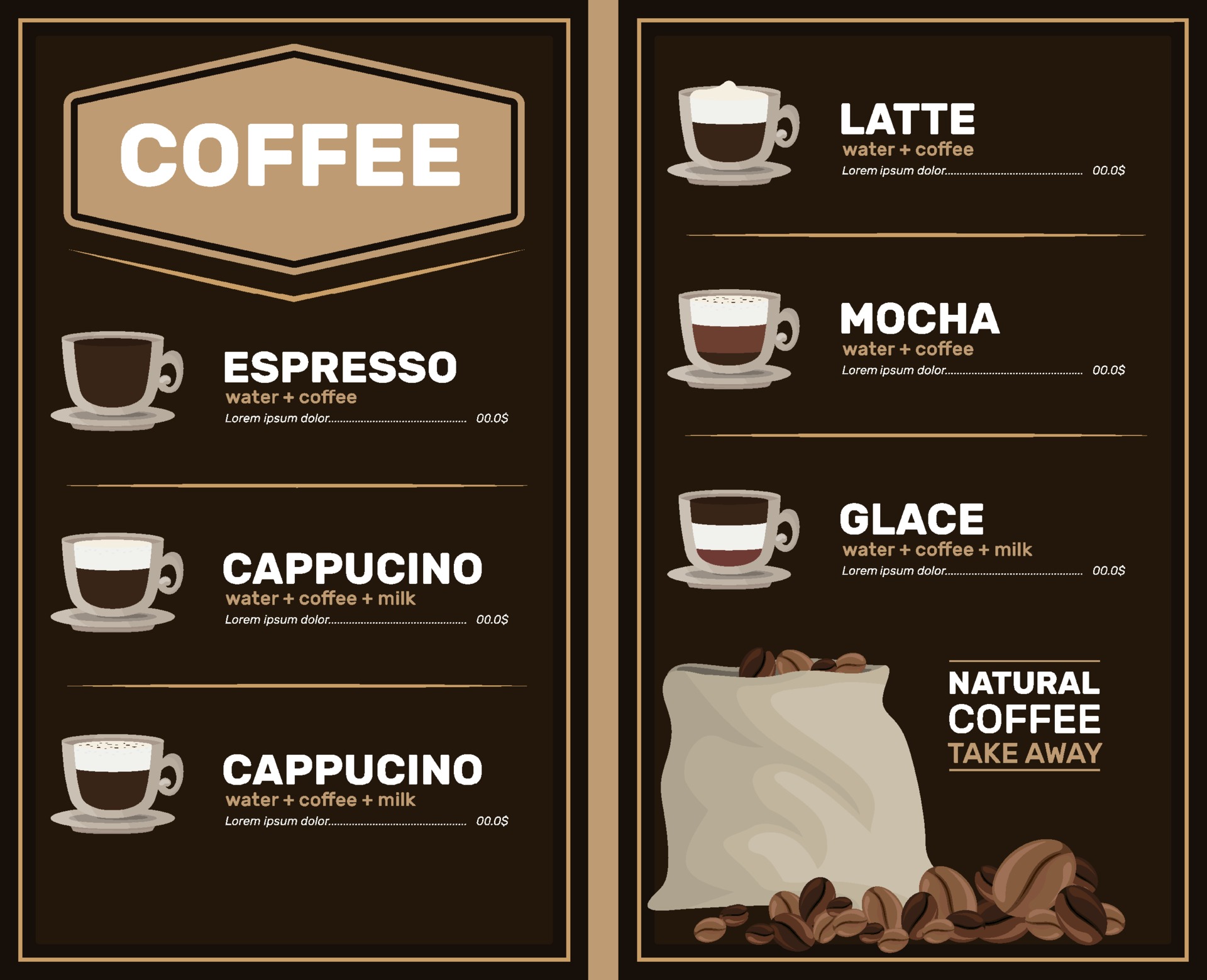 Coffee menu with price list. Types of coffee preparation with cup