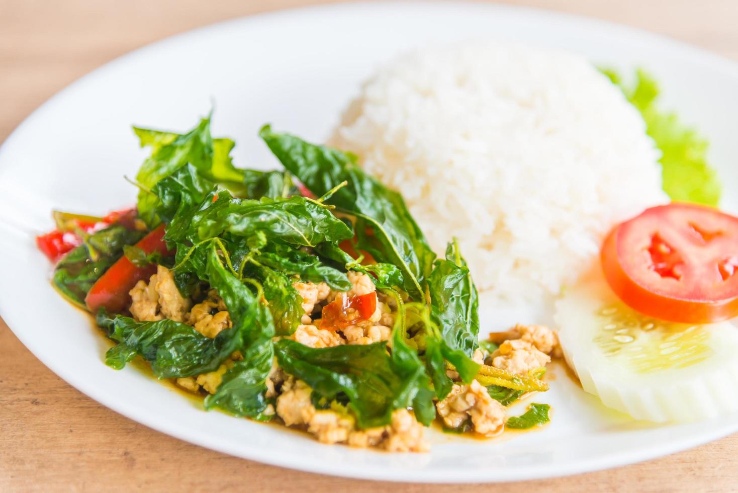 Hoja de albahaca frita picante con pollo y arroz foto