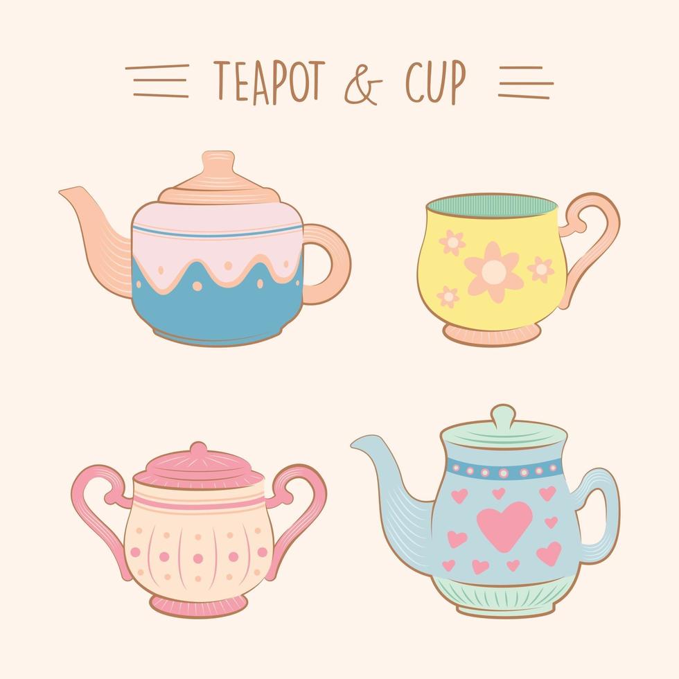 colección de ilustración de taza y taza de té lindo vintage establece vector de color plano
