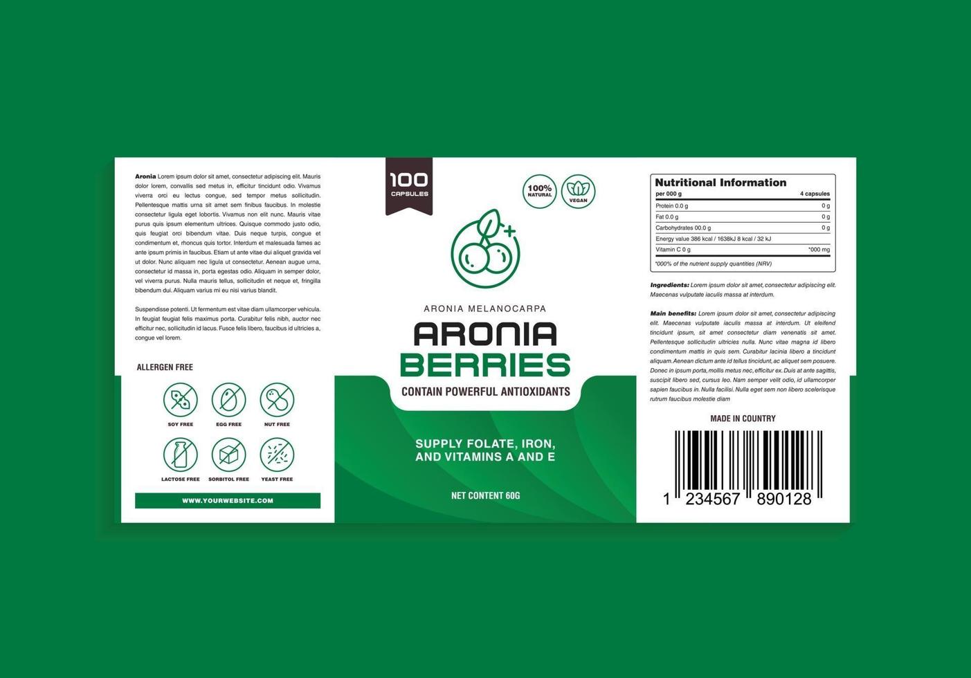 Las bayas de aronia complementan vitamina orgánica diseño de etiqueta libre de alérgenos vector