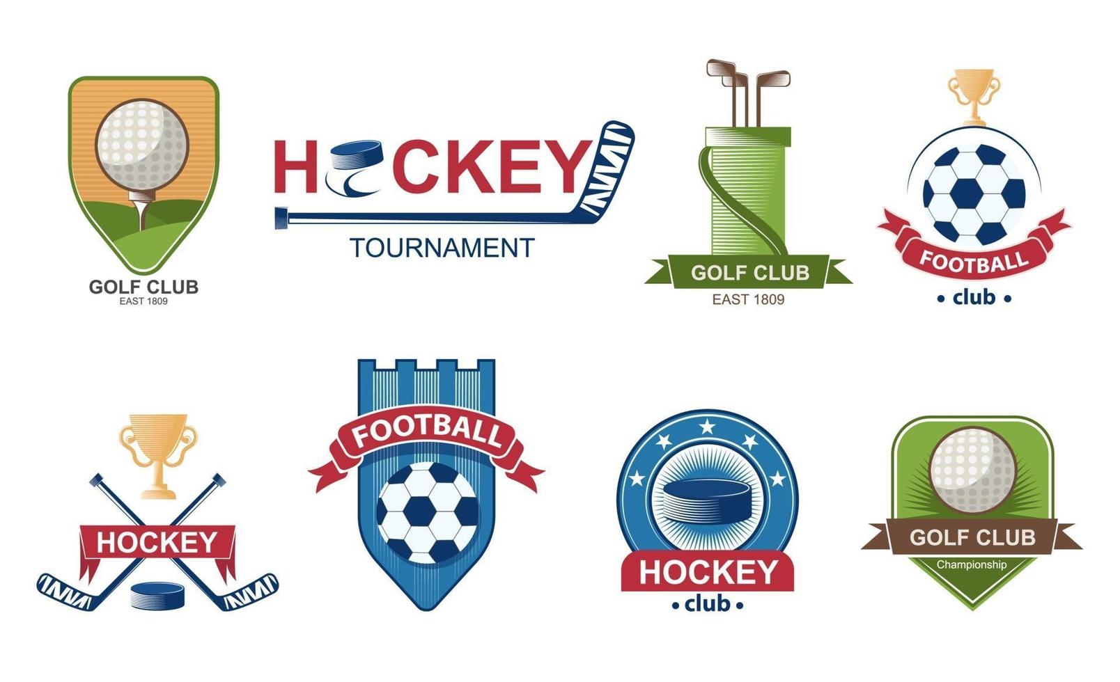 conjunto de logotipos de fútbol. emblema de la colección de golf. insignias de etiquetas de hockey. ilustración vectorial. vector