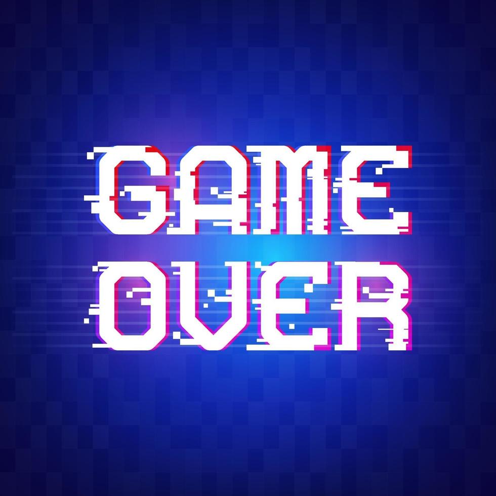 Game over banner for games with glitch effect in pixel style. Neon light on text. Vector illustration design.