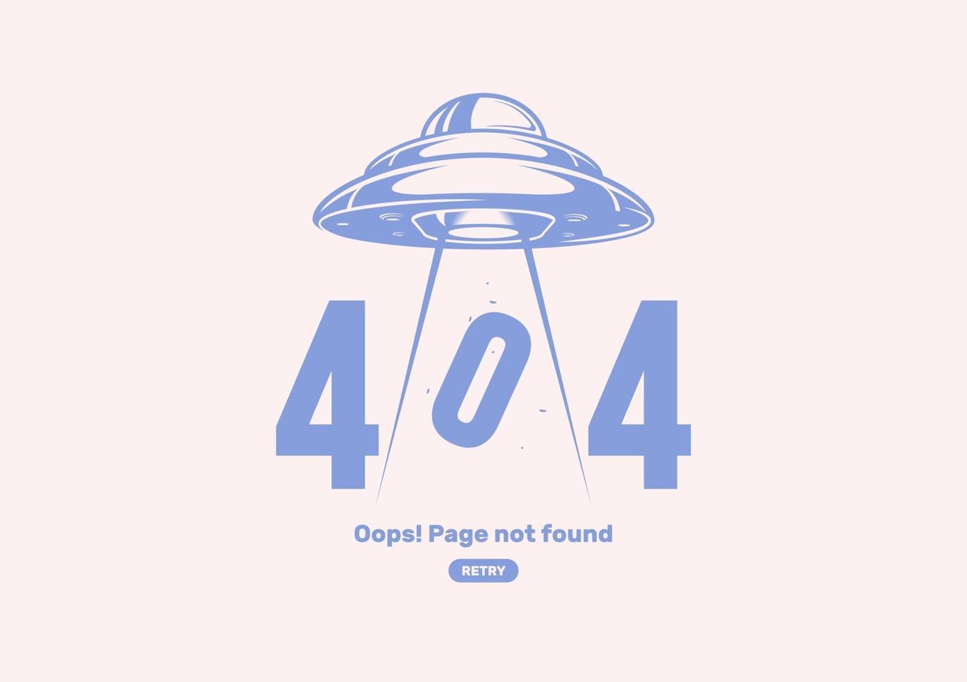 404 error with alien spaceship. Page is lost and not found message vector