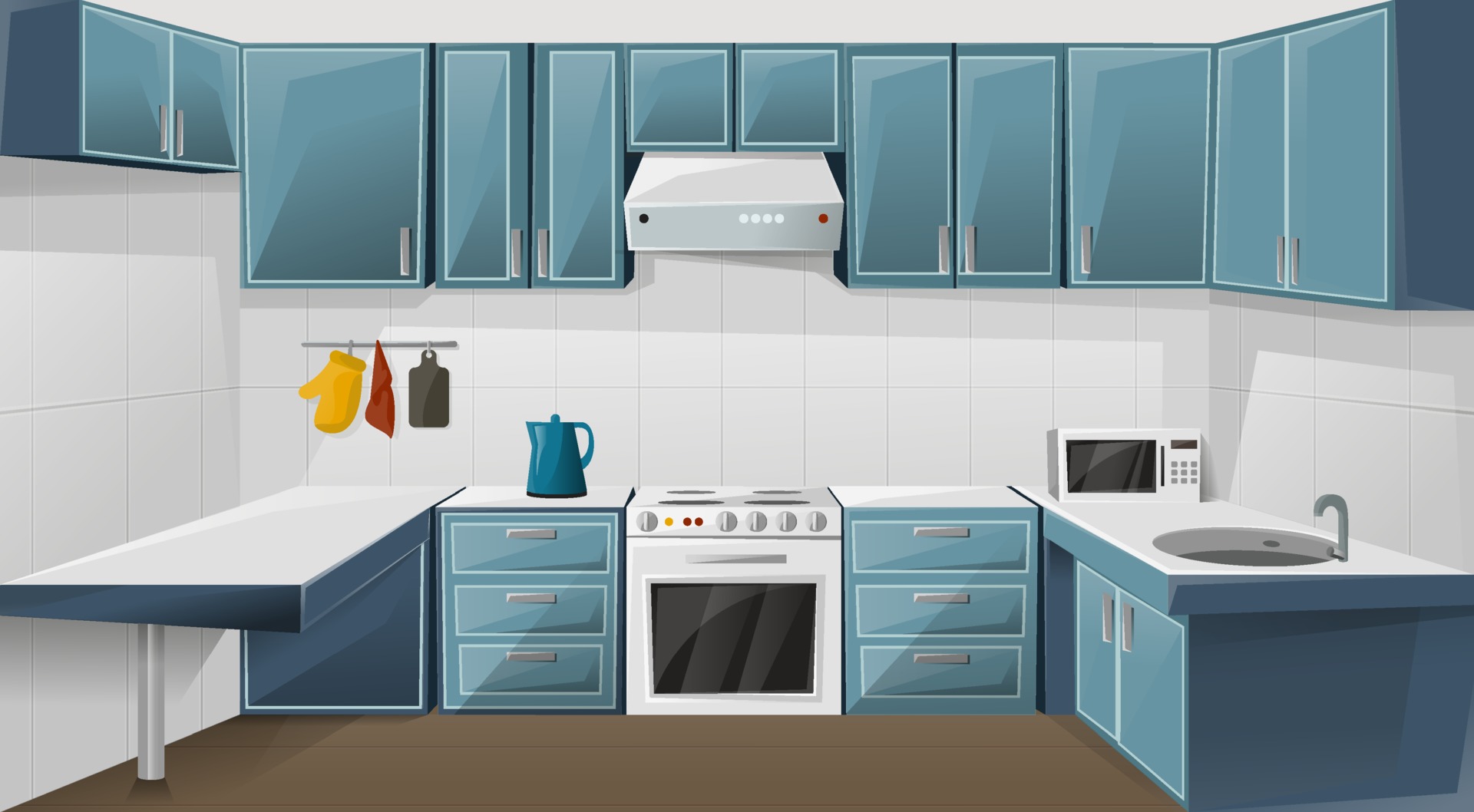 Kitchen Interior Design Room With Fridge Oven Microwave Sink And Kettle Cupboard Furniture Illustration Free Vector 
