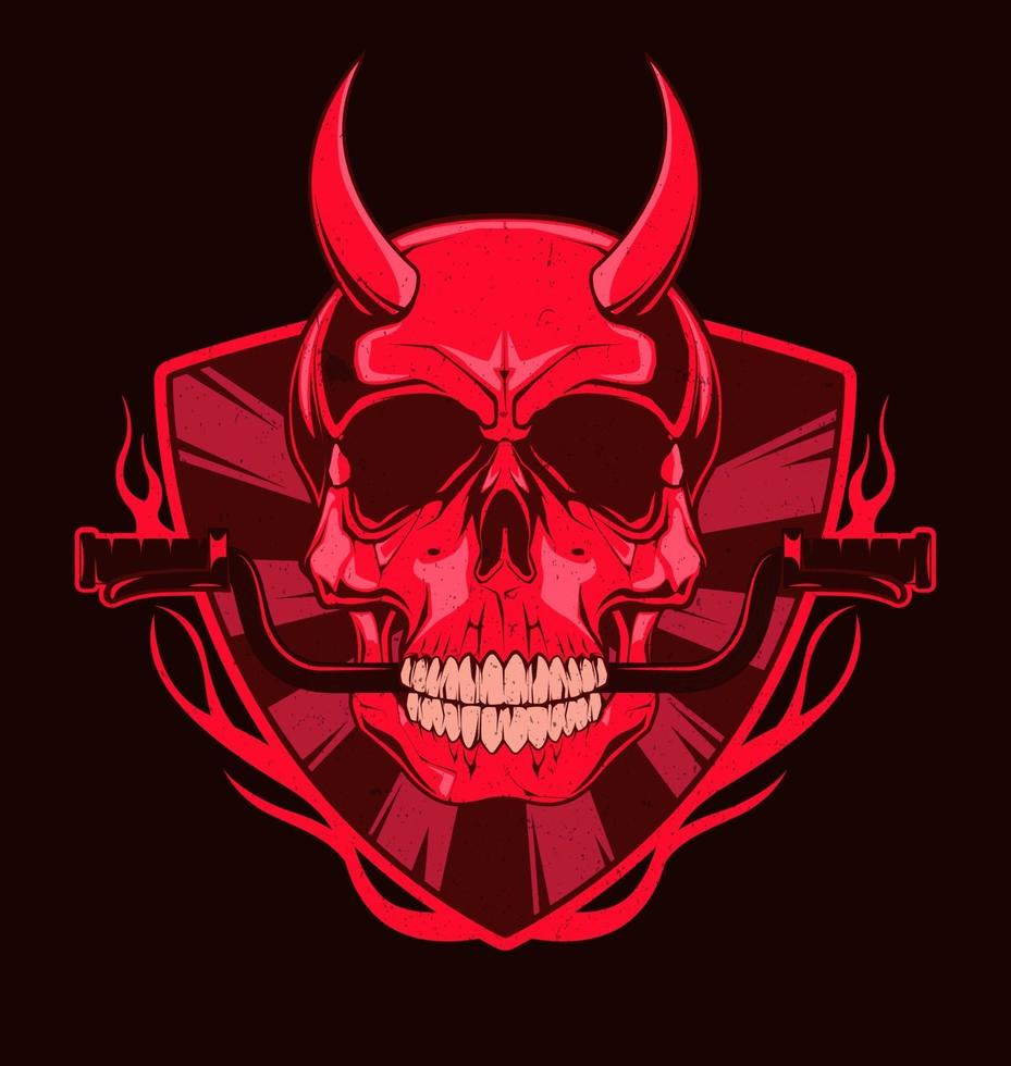 calavera de diablo con timón de moto en los dientes. Ilustración roja para estampado de camisetas. ilustración de moda vectorial vector