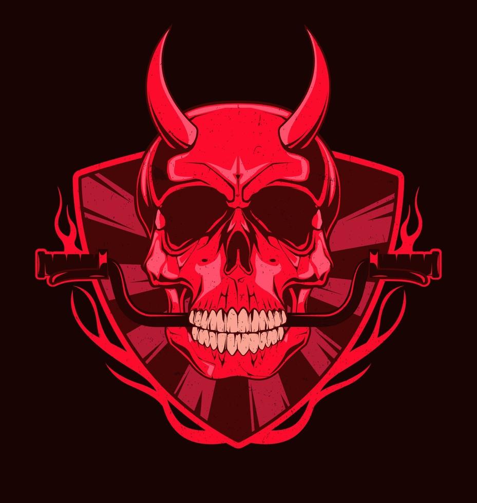 Devil skull with Moto rudder in teeth. Red illustration for t-shirt print. Vector fashion illustration