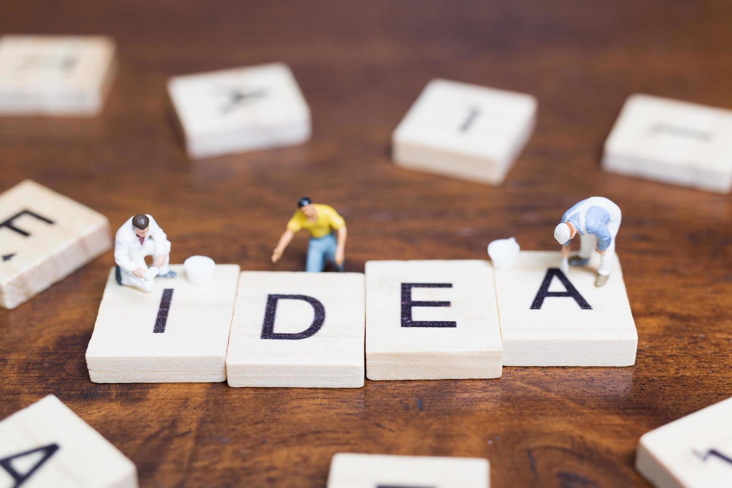 Miniature people standing with wooden blocks with the word Idea on a wooden background photo