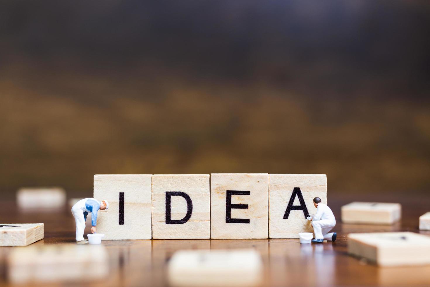 Miniature people standing with wooden blocks with the word Idea on a wooden background photo