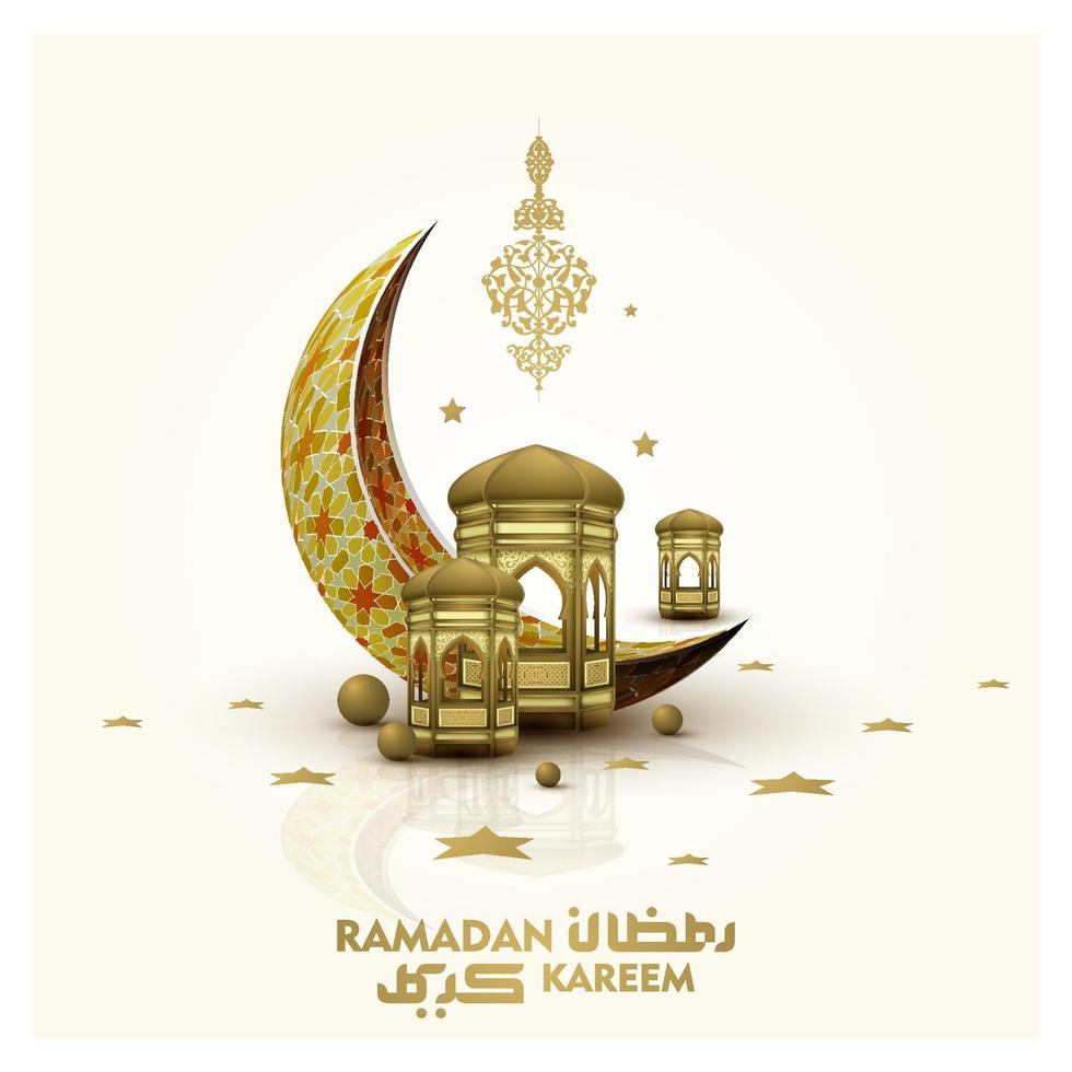 Ramadán kareem saludo fondo ilustración islámica diseño vectorial con linternas brillantes y caligrafía árabe vector