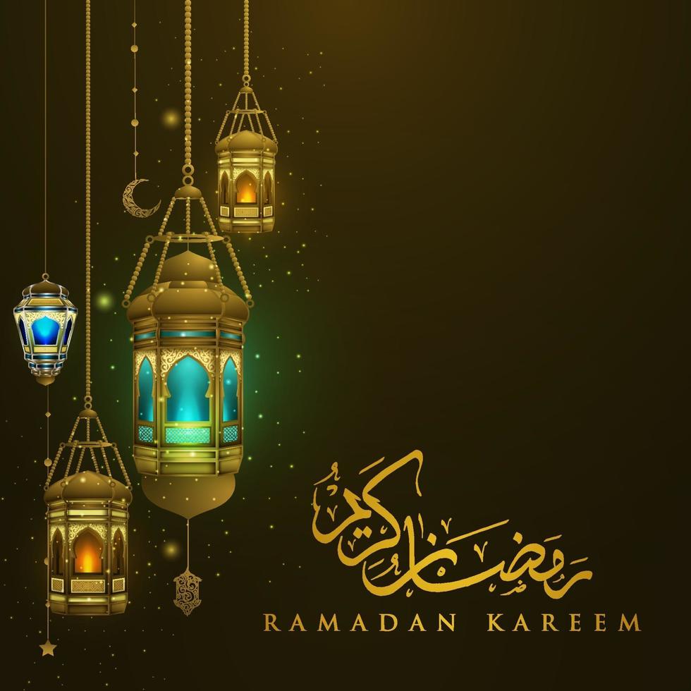 Ramadán kareem saludo fondo ilustración islámica diseño vectorial con linternas brillantes y caligrafía árabe vector