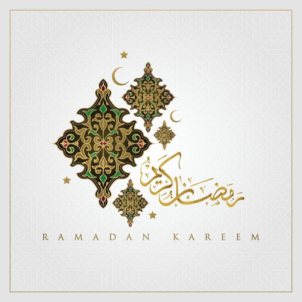 Tarjeta de felicitación de Ramadán Kareem diseño de vector de patrón floral islámico con caligrafía árabe para el fondo, banner. traducción del texto ramadan kareem - que la generosidad te bendiga durante el mes sagrado