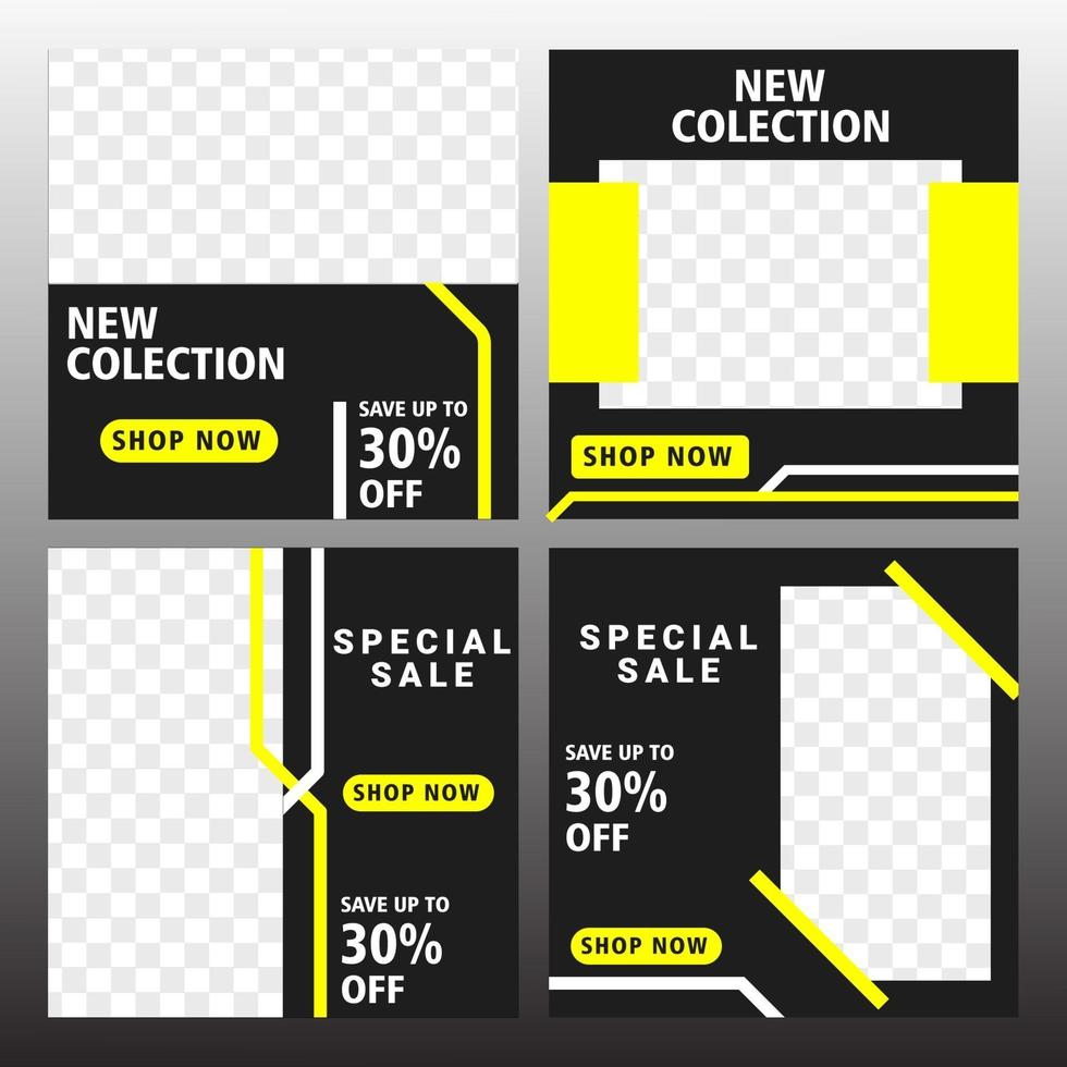 Set of Editable minimal square banner template. Black and yellow background color with stripe line shape. vector