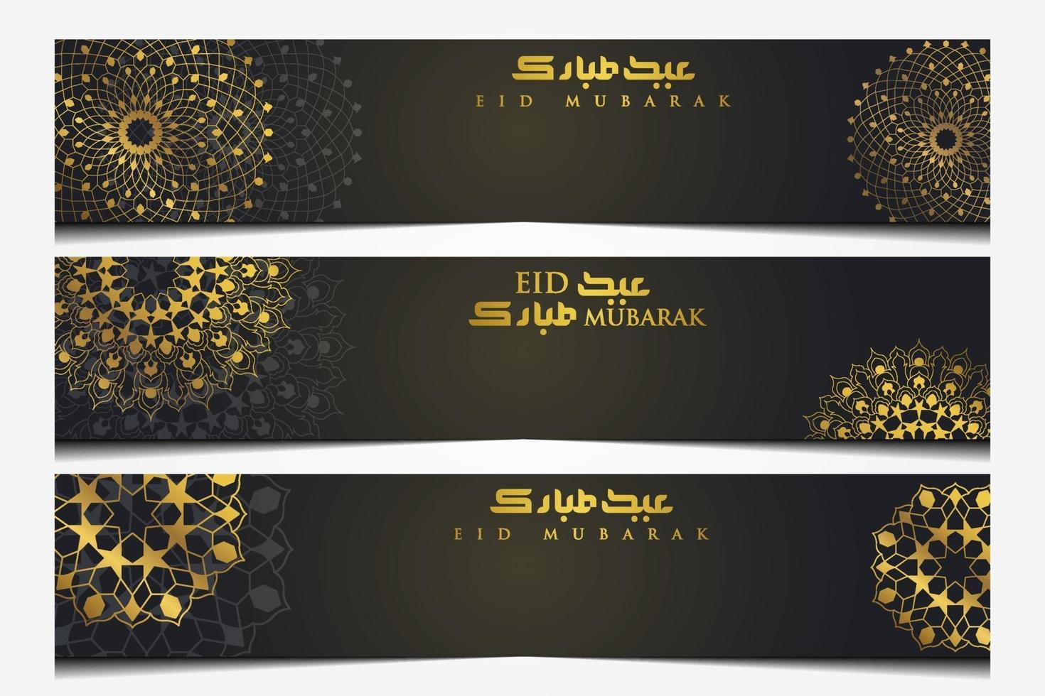 tres eid mubarak saludo diseño de vector de patrón floral islámico con caligrafía árabe