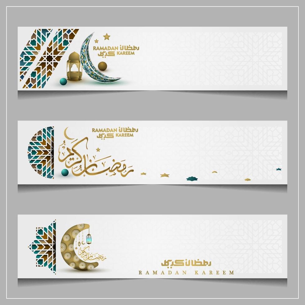 three Ramadan Kareem Greeting background islamic pattern vector design with arabic calligraphy. Translation of text May Allah Bless you during the holy month
