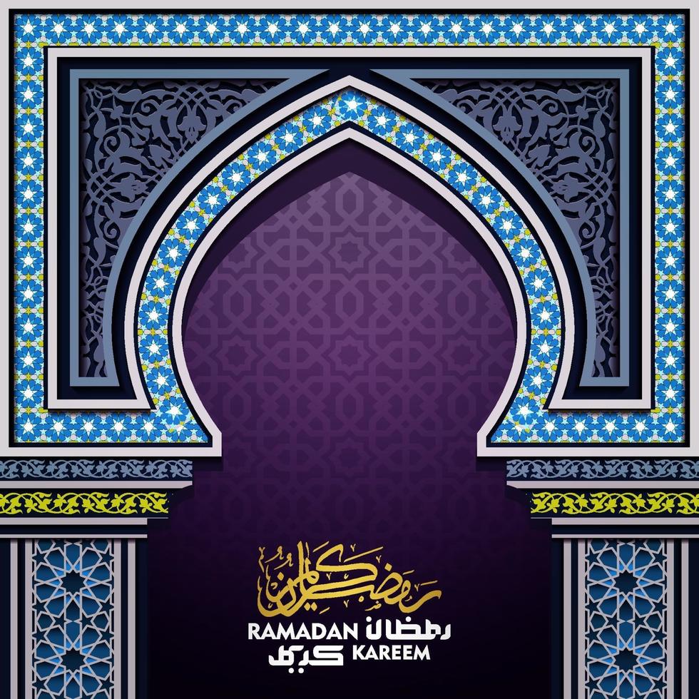 Ramadán Kareem saludo diseño de vector de mezquita de puerta islámica con patrón de Marruecos y caligrafía árabe. traducción del texto que allah los bendiga durante el mes sagrado