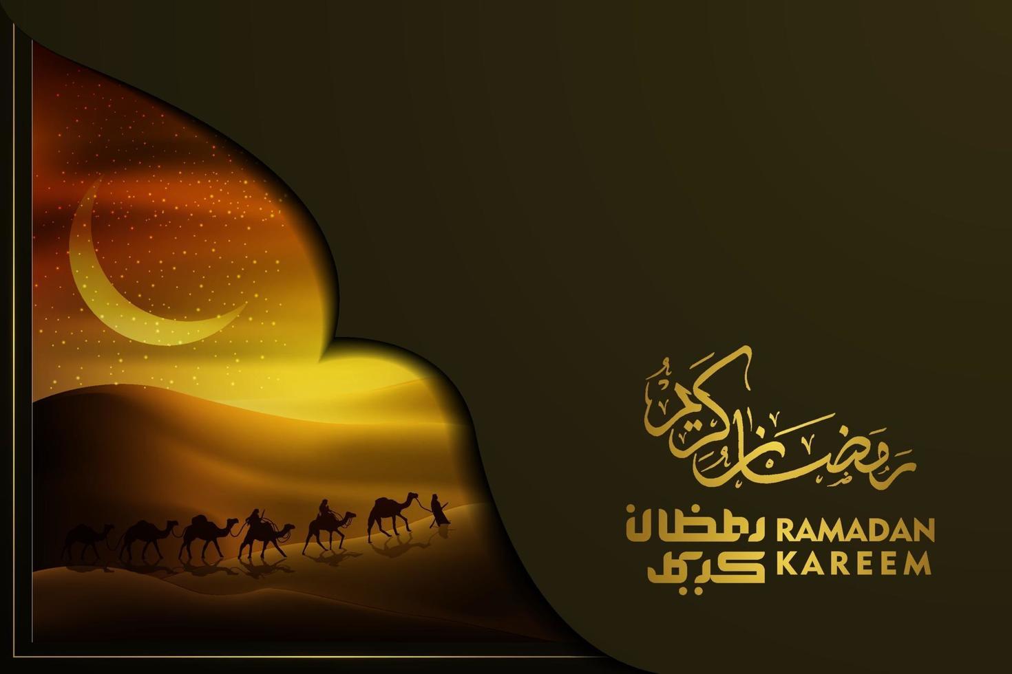 Ramadán kareem saludo diseño de vector de fondo de ilustración islámica con árabe en camellos, desierto y caligrafía árabe