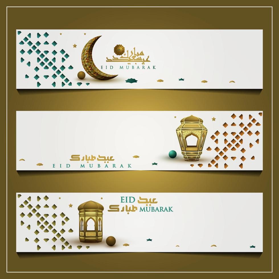 Diseño de vector de patrón floral islámico de fondo de saludo de tres eid mubarak con hermosas linternas y caligrafía árabe