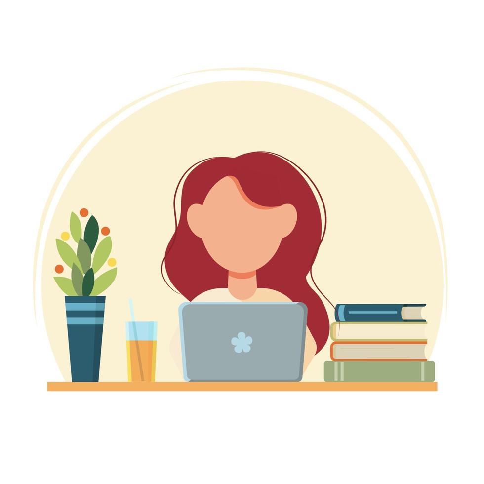 Woman with red hair working on laptop vector