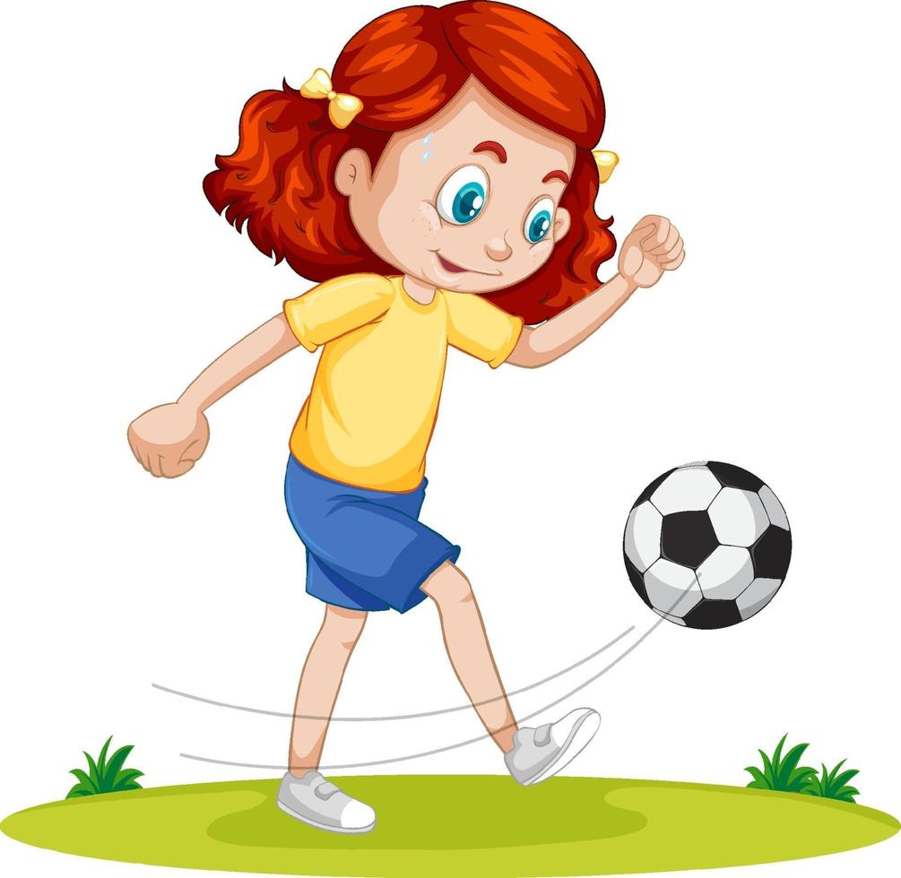 Cute girl playing football cartoon character isolated vector