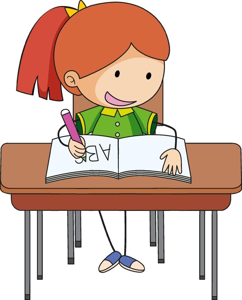 una niña haciendo la tarea, personaje de dibujos animados de doodle vector